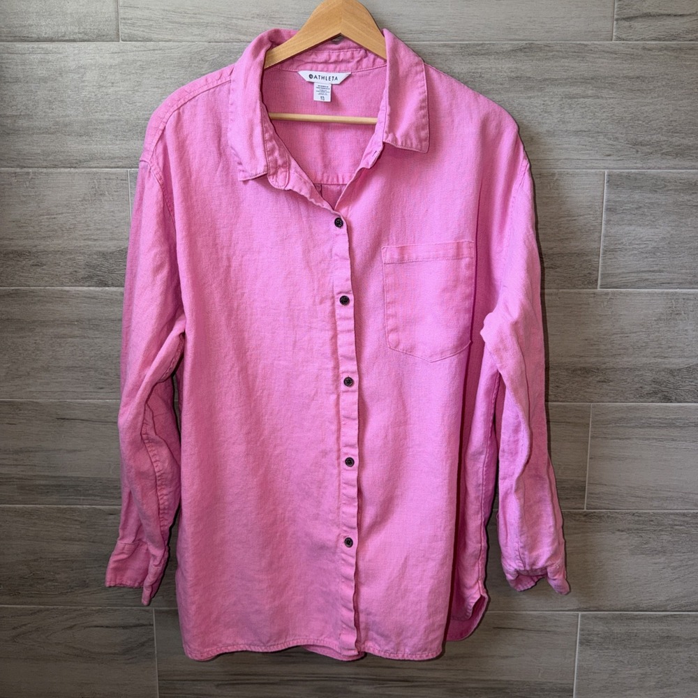 Athleta Women's 100% Linen Long Sleeve Button Down Top Women's XL Pink